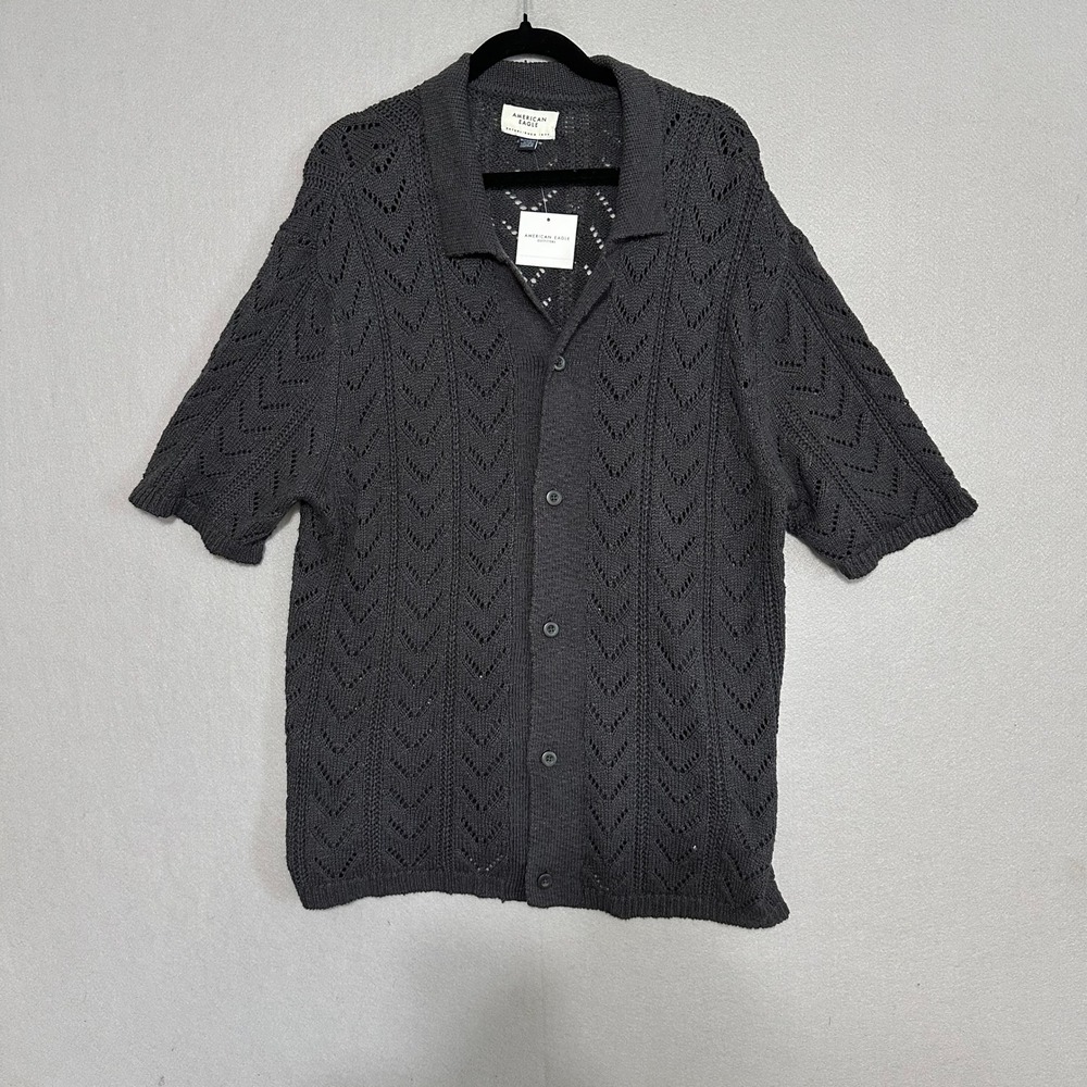 American Eagle Mens XL Charcoal Grey Pointelle Knit Crochet Button Up Shirt NEW